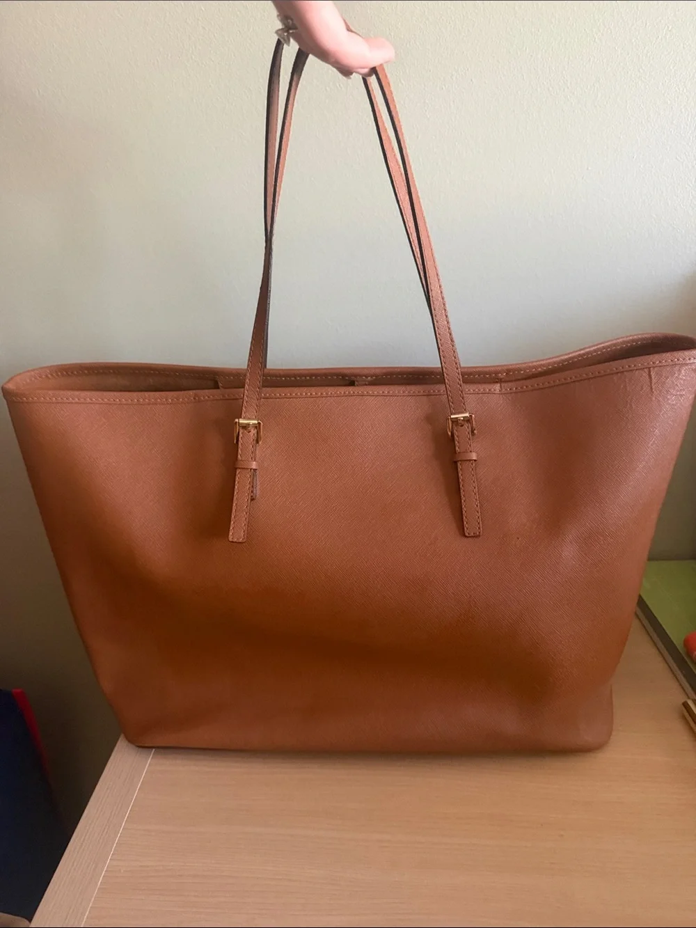Michael Kors Cognac Leather Tote with Gold Logo Charm